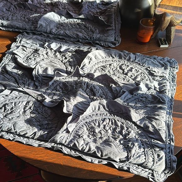 2 Anthropologie ‘Rivulets’ Ruffle Standard Pillow Shams in a dark Medallion Blue - Picture 12 of 16